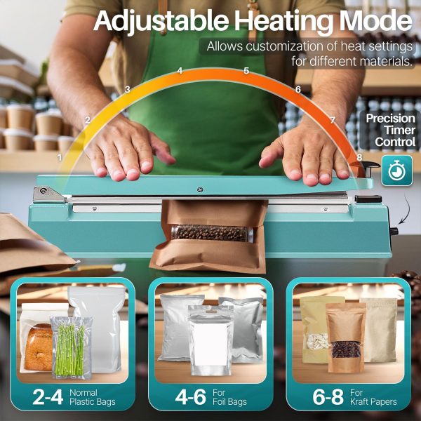 Flexzion Impulse Sealer 20 Inch (500mm) 750W Heat Sealer Machine with Adjustable Heating Mode, No Warm Up Needed, Portable Bag and Seal Impulse with Replacement Element Grip and Teflon Tape - Image 6