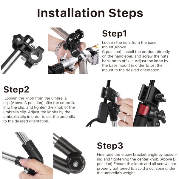 Flexzion Bicycle Umbrella Clamp Holder Mount Stand Handlebar Wheelchair Umbrella Universal Clamp Adjustable 2 Section Tube Handle Outdoor Sports Accessories for 0.67~0.9 inch Handlebar Bike Stroller - Image 5