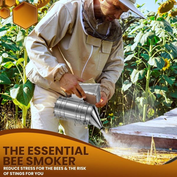 Flexzion Beehive Smoker - Bee Smoker Stainless Steel for Beekeeping, Durable Bellow & Heat Shield, Safe Bee Hive Smoker with Mounting Hook, Compatible with Bee Smoker Pellets - Image 2