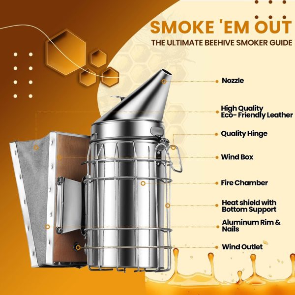 Flexzion Beehive Smoker - Bee Smoker Stainless Steel for Beekeeping, Durable Bellow & Heat Shield, Safe Bee Hive Smoker with Mounting Hook, Compatible with Bee Smoker Pellets - Image 3
