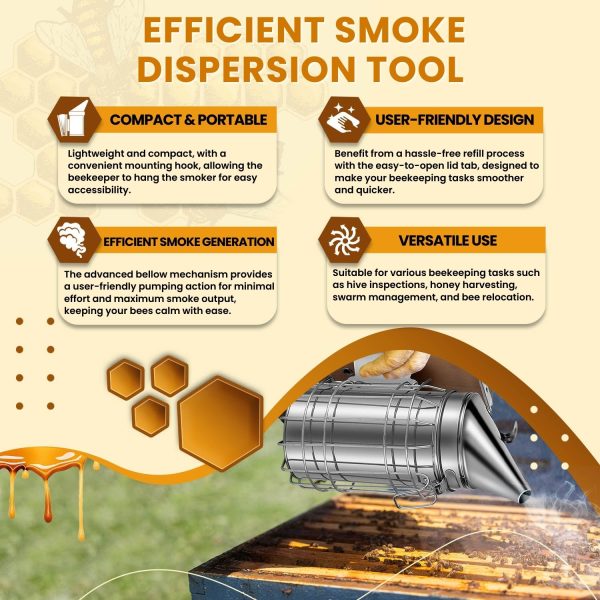 Flexzion Beehive Smoker - Bee Smoker Stainless Steel for Beekeeping, Durable Bellow & Heat Shield, Safe Bee Hive Smoker with Mounting Hook, Compatible with Bee Smoker Pellets - Image 6