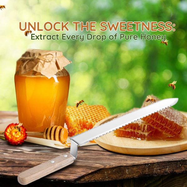 Flexzion Cold Honey Uncapping Tool - 11 Inch Serrated Uncapping Knife, Stainless Steel Honey Knife Uncapping with Ergonomic Wooden Handle, Non-Heated Honeycomb Scraper for Wax & Honey Extraction - Image 8