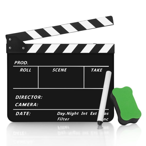 Flexzion Acrylic Plastic Clapboard Director's Clapper Board Dry Erase Cut Action Scene Slateboard For Hollywood Camera Film Studio Home Movie Video 10x12" with Black/White Sticks