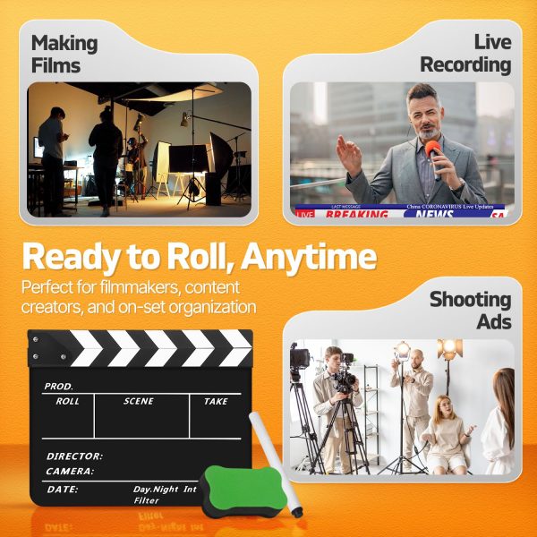 Flexzion Acrylic Plastic Clapboard Director's Clapper Board Dry Erase Cut Action Scene Slateboard For Hollywood Camera Film Studio Home Movie Video 10x12" with Black/White Sticks - Image 8