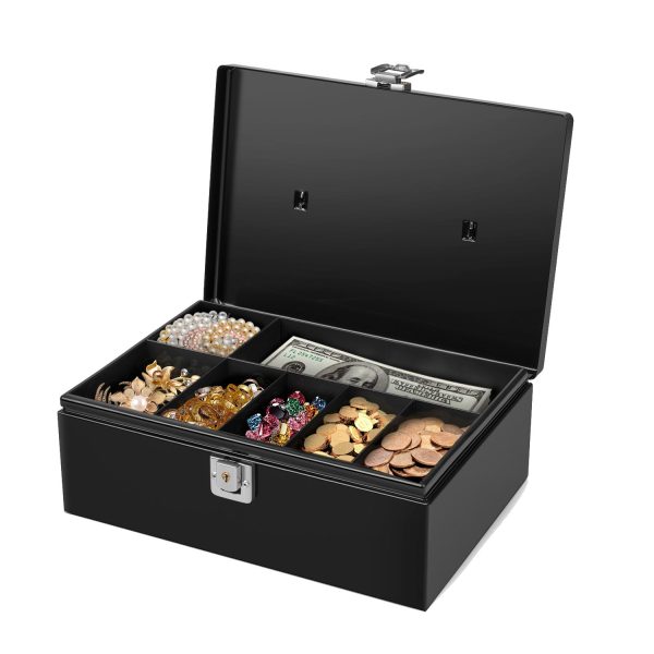Flexzion Cash Box with Money Tray and Lock - Metal Money Box for Cash Storage with Secure Latch Lock & Key - Black Petty Cash Box with 7 Compartment Money Tray for Small Businesses, 11x7.7x3.5 Inches
