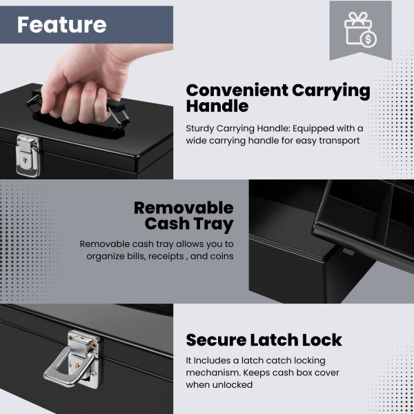 Flexzion Cash Box with Money Tray and Lock - Metal Money Box for Cash Storage with Secure Latch Lock & Key - Black Petty Cash Box with 7 Compartment Money Tray for Small Businesses, 11x7.7x3.5 Inches - Image 2