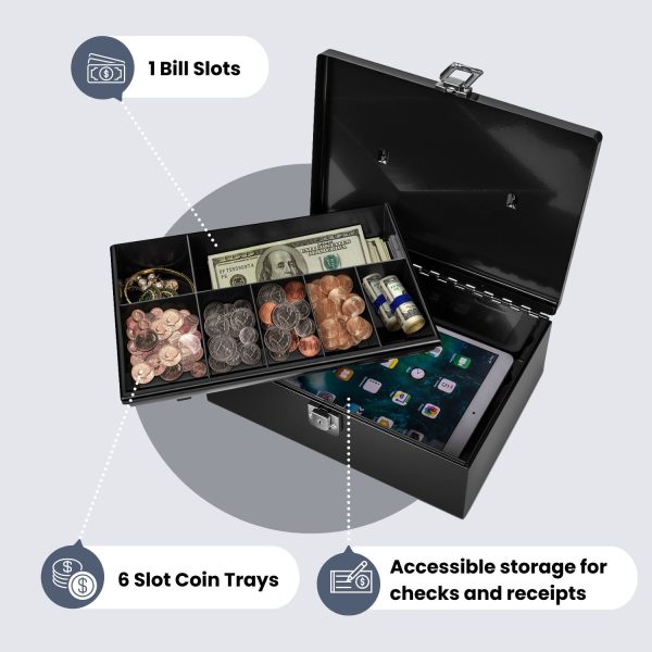 Flexzion Cash Box with Money Tray and Lock - Metal Money Box for Cash Storage with Secure Latch Lock & Key - Black Petty Cash Box with 7 Compartment Money Tray for Small Businesses, 11x7.7x3.5 Inches - Image 3