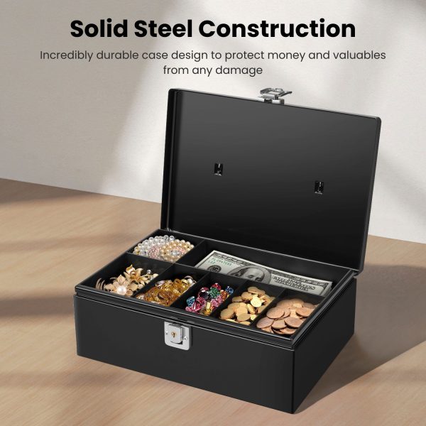 Flexzion Cash Box with Money Tray and Lock - Metal Money Box for Cash Storage with Secure Latch Lock & Key - Black Petty Cash Box with 7 Compartment Money Tray for Small Businesses, 11x7.7x3.5 Inches - Image 4