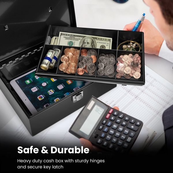 Flexzion Cash Box with Money Tray and Lock - Metal Money Box for Cash Storage with Secure Latch Lock & Key - Black Petty Cash Box with 7 Compartment Money Tray for Small Businesses, 11x7.7x3.5 Inches - Image 5