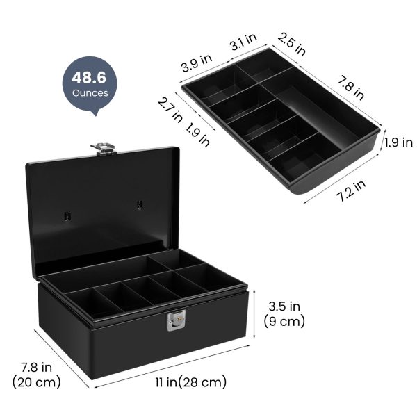 Flexzion Cash Box with Money Tray and Lock - Metal Money Box for Cash Storage with Secure Latch Lock & Key - Black Petty Cash Box with 7 Compartment Money Tray for Small Businesses, 11x7.7x3.5 Inches - Image 7