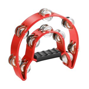 Flexzion Tambourine Metal Half Moon Musical Instruments Double Row Metal Jingles Hand Held Instruments Percussion with Ergonomic Handle Grip, Tambourines for Adults Church, Red