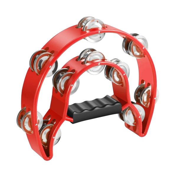 Flexzion Tambourine Metal Half Moon Musical Instruments Double Row Metal Jingles Hand Held Instruments Percussion with Ergonomic Handle Grip, Tambourines for Adults Church, Red