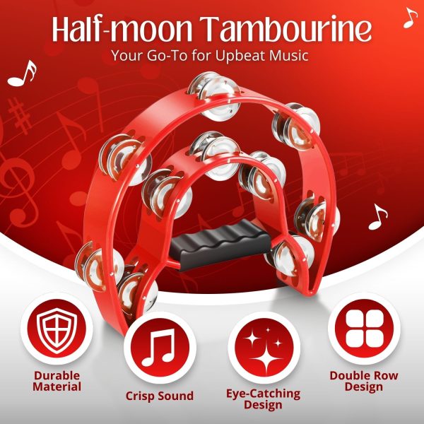 Flexzion Tambourine Metal Half Moon Musical Instruments Double Row Metal Jingles Hand Held Instruments Percussion with Ergonomic Handle Grip, Tambourines for Adults Church, Red - Image 2