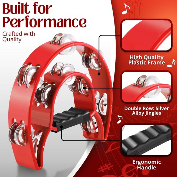 Flexzion Tambourine Metal Half Moon Musical Instruments Double Row Metal Jingles Hand Held Instruments Percussion with Ergonomic Handle Grip, Tambourines for Adults Church, Red - Image 3
