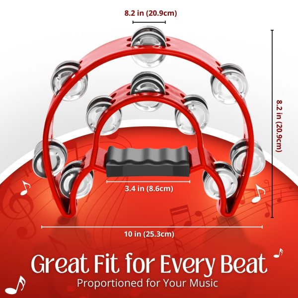 Flexzion Tambourine Metal Half Moon Musical Instruments Double Row Metal Jingles Hand Held Instruments Percussion with Ergonomic Handle Grip, Tambourines for Adults Church, Red - Image 4