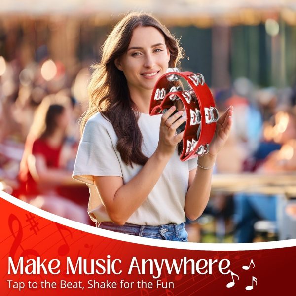 Flexzion Tambourine Metal Half Moon Musical Instruments Double Row Metal Jingles Hand Held Instruments Percussion with Ergonomic Handle Grip, Tambourines for Adults Church, Red - Image 6