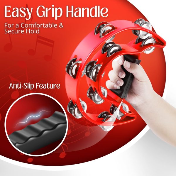 Flexzion Tambourine Metal Half Moon Musical Instruments Double Row Metal Jingles Hand Held Instruments Percussion with Ergonomic Handle Grip, Tambourines for Adults Church, Red - Image 8