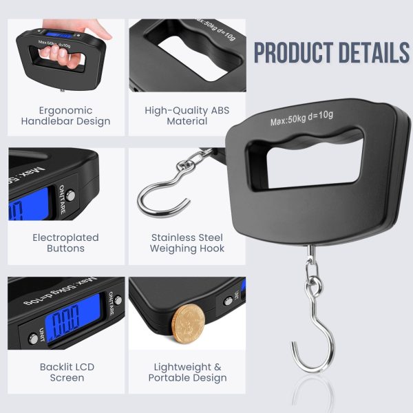Flexzion Digital Luggage Scale, Baggage Weight Scale, 110 Lb (50 Kg) with 10g Deviation, Portable Handheld Suitcase Weight Scale with Hook for Travel, Fish Weighing, Black - Image 3