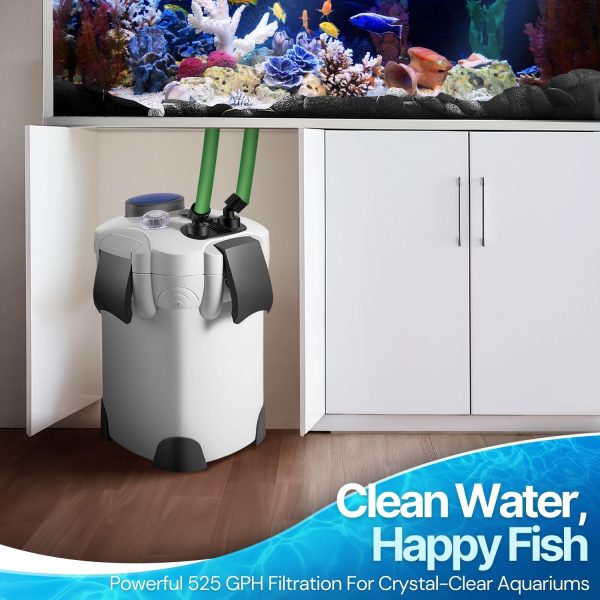 Flexzion Aquarium Canister Filter with 525GPH Flow Rate, UV-C Lamp, Spray Bar, & 3-Stage Media Filtration for up to 100 Gallon Fish Tanks - Ultra-Quiet External Canister Filters for Aquarium - Image 2