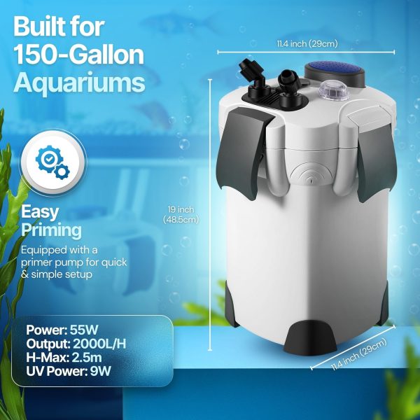Flexzion Aquarium Canister Filter with 525GPH Flow Rate, UV-C Lamp, Spray Bar, & 3-Stage Media Filtration for up to 100 Gallon Fish Tanks - Ultra-Quiet External Canister Filters for Aquarium - Image 7