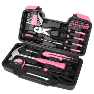 Flexzion 39 Piece Hand Tool Kits with Case - Compact Tool Kit for Handyman, Homeowners DIY - Household Tool Kit for Home with Portable Basic Tool Set Case, Pink