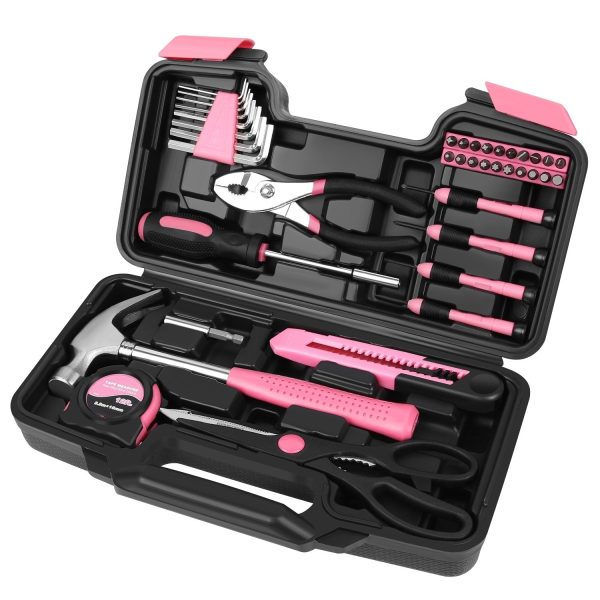 Flexzion 39 Piece Hand Tool Kits with Case - Compact Tool Kit for Handyman, Homeowners DIY - Household Tool Kit for Home with Portable Basic Tool Set Case, Pink