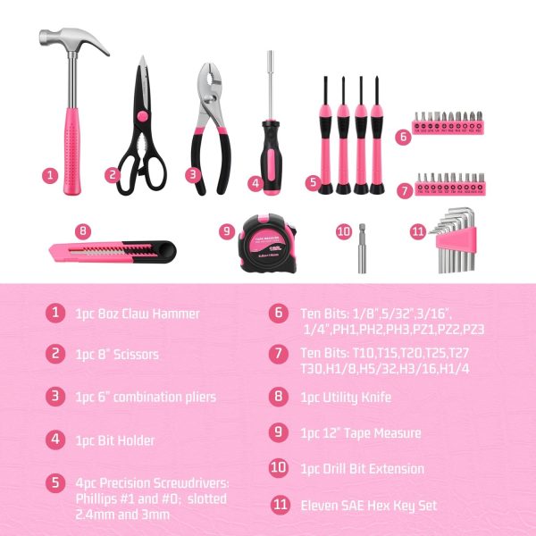 Flexzion 39 Piece Hand Tool Kits with Case - Compact Tool Kit for Handyman, Homeowners DIY - Household Tool Kit for Home with Portable Basic Tool Set Case, Pink - Image 3