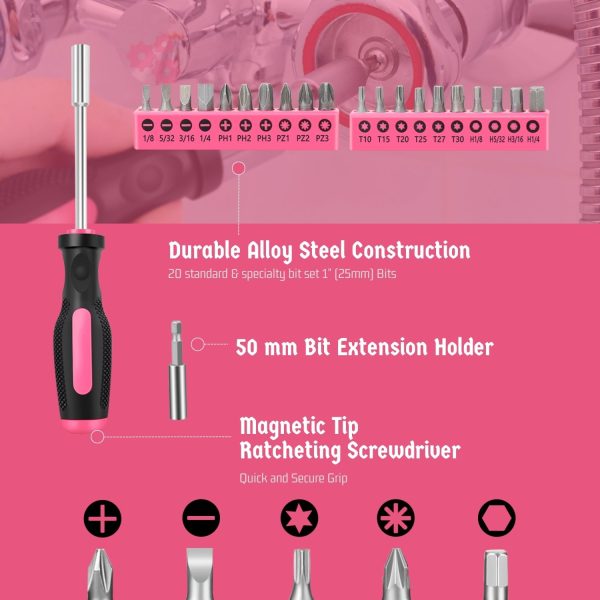 Flexzion 39 Piece Hand Tool Kits with Case - Compact Tool Kit for Handyman, Homeowners DIY - Household Tool Kit for Home with Portable Basic Tool Set Case, Pink - Image 4