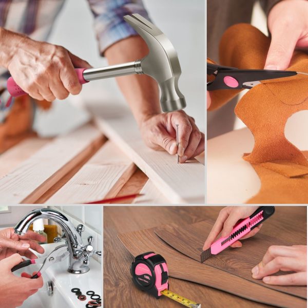 Flexzion 39 Piece Hand Tool Kits with Case - Compact Tool Kit for Handyman, Homeowners DIY - Household Tool Kit for Home with Portable Basic Tool Set Case, Pink - Image 6