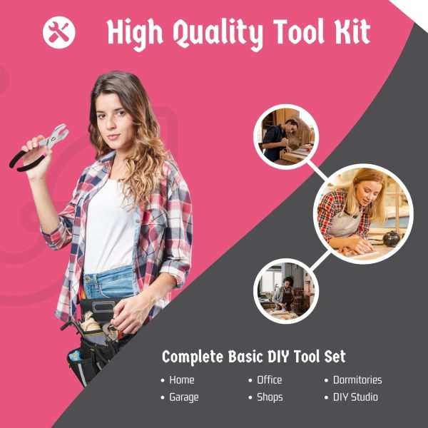 Flexzion 39 Piece Hand Tool Kits with Case - Compact Tool Kit for Handyman, Homeowners DIY - Household Tool Kit for Home with Portable Basic Tool Set Case, Pink - Image 7
