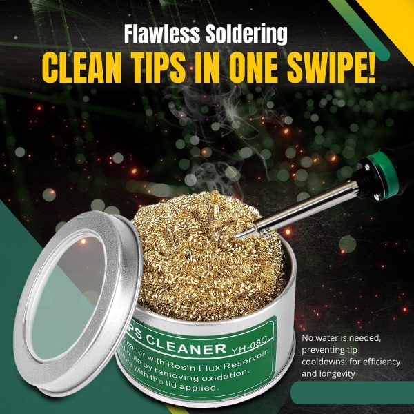 Flexzion Soldering Iron Tip Cleaner, Soft Coiled Brass Wire Sponge Stainless Steel Holder with Rosin Flux - Image 2