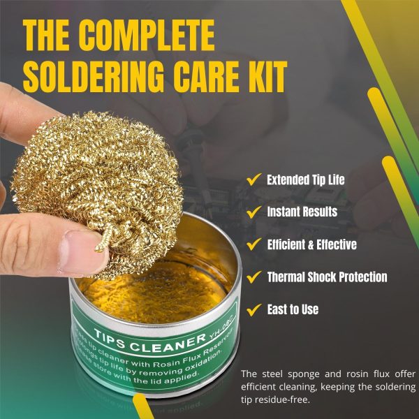 Flexzion Soldering Iron Tip Cleaner, Soft Coiled Brass Wire Sponge Stainless Steel Holder with Rosin Flux - Image 3