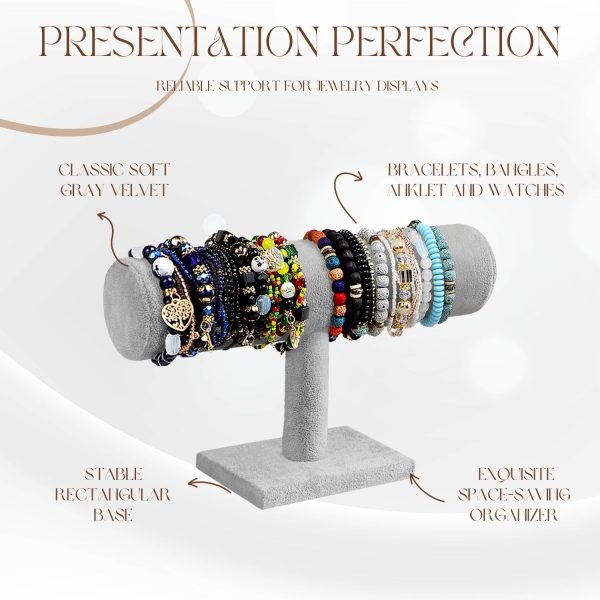 Flexzion Velvet T-Bar Bracelet Display Stand for Vendors - Bracelet Holder Stand for Jewelry Storage, Bangles, Pendants, Anklets, Charms - Watch Holder Organizer for Women & Men, Grey - Image 5