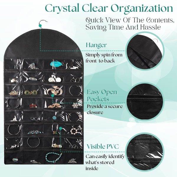 Flexzion Hanging Jewelry Organizer – (1 Pack) Black 32 Clear Pockets & 18 Hooks & Loops, Non-Woven Bag Dual Side Earring Storage Display Holder with for Necklace Bracelet Sunglasses - Image 4