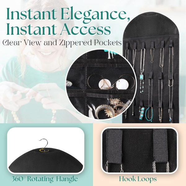 Flexzion Hanging Jewelry Organizer – (1 Pack) Black 32 Clear Pockets & 18 Hooks & Loops, Non-Woven Bag Dual Side Earring Storage Display Holder with for Necklace Bracelet Sunglasses - Image 6