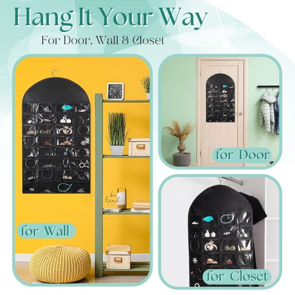 Flexzion Hanging Jewelry Organizer – (1 Pack) Black 32 Clear Pockets & 18 Hooks & Loops, Non-Woven Bag Dual Side Earring Storage Display Holder with for Necklace Bracelet Sunglasses - Image 7