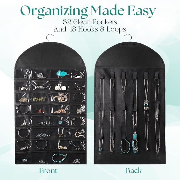Flexzion Hanging Jewelry Organizer – (1 Pack) Black 32 Clear Pockets & 18 Hooks & Loops, Non-Woven Bag Dual Side Earring Storage Display Holder with for Necklace Bracelet Sunglasses - Image 8