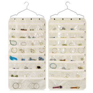 Flexzion Hanging Jewelry Organizer with Zippered Pockets - (1 Pack) Beige Closet Jewelry Organizer Storage with Hanger, 56 Pockets Dual Sided Earring Organizer Hanging for Bracelet, Watches, Ring