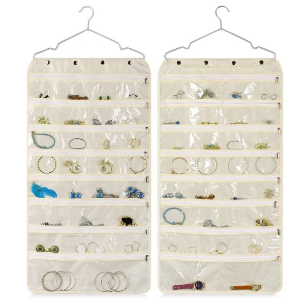 Flexzion Hanging Jewelry Organizer with Zippered Pockets - (1 Pack) Beige Closet Jewelry Organizer Storage with Hanger, 56 Pockets Dual Sided Earring Organizer Hanging for Bracelet, Watches, Ring