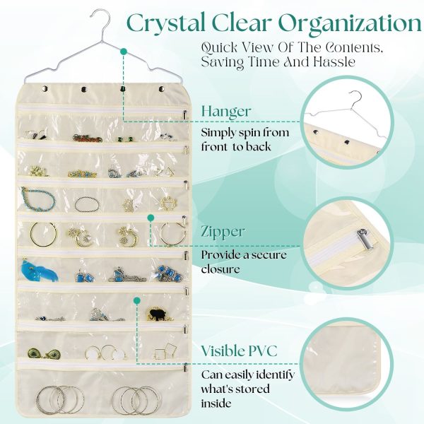 Flexzion Hanging Jewelry Organizer with Zippered Pockets - (1 Pack) Beige Closet Jewelry Organizer Storage with Hanger, 56 Pockets Dual Sided Earring Organizer Hanging for Bracelet, Watches, Ring - Image 4