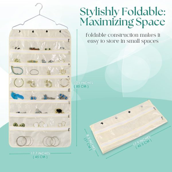 Flexzion Hanging Jewelry Organizer with Zippered Pockets - (1 Pack) Beige Closet Jewelry Organizer Storage with Hanger, 56 Pockets Dual Sided Earring Organizer Hanging for Bracelet, Watches, Ring - Image 5