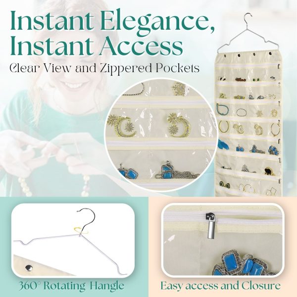 Flexzion Hanging Jewelry Organizer with Zippered Pockets - (1 Pack) Beige Closet Jewelry Organizer Storage with Hanger, 56 Pockets Dual Sided Earring Organizer Hanging for Bracelet, Watches, Ring - Image 6