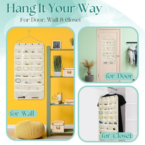 Flexzion Hanging Jewelry Organizer with Zippered Pockets - (1 Pack) Beige Closet Jewelry Organizer Storage with Hanger, 56 Pockets Dual Sided Earring Organizer Hanging for Bracelet, Watches, Ring - Image 7