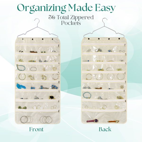 Flexzion Hanging Jewelry Organizer with Zippered Pockets - (1 Pack) Beige Closet Jewelry Organizer Storage with Hanger, 56 Pockets Dual Sided Earring Organizer Hanging for Bracelet, Watches, Ring - Image 8