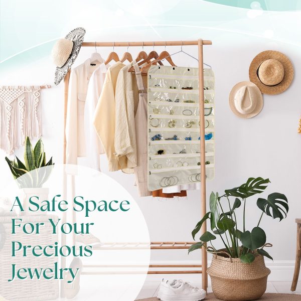 Flexzion Hanging Jewelry Organizer with Zippered Pockets - (1 Pack) Beige Closet Jewelry Organizer Storage with Hanger, 56 Pockets Dual Sided Earring Organizer Hanging for Bracelet, Watches, Ring - Image 9