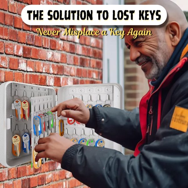 Flexzion Key Box Wall Mount With Code - 40 Capacity Key Box Organizer, Lock Box Key Holder, Secure & Durable Key Storage Box Cabinet with Colored Tags & Hooks for Homes & Business, Gray - Image 2