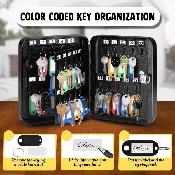 Flexzion Key Box Wall Mount With Code - 40 Capacity Key Box Organizer, Lock Box Key Holder, Secure & Durable Key Storage Box Cabinet with Colored Tags & Hooks for Homes & Business, Gray - Image 4
