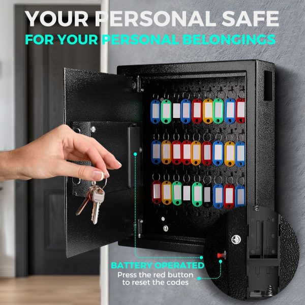 Flexzion Key Box Wall Mount With Code, Key Cabinet, Key Deposit Slot, 40 Key Holder Organizer Locker Case, Colored Key Tags Wall Mounted Lock Box For Keys Storage (Black) - Image 2