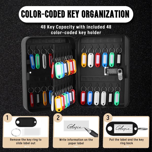 Flexzion Key Box Wall Mount With Code - Black Key Cabinet Lock Box Key Storage Box Wall Mount with Combination Lock, Secured Key Organizer Box with 48 Colored Key Holder for Homes, Office, Apartments - Image 5