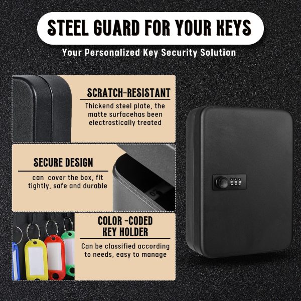 Flexzion Key Box Wall Mount With Code - Black Key Cabinet Lock Box Key Storage Box Wall Mount with Combination Lock, Secured Key Organizer Box with 48 Colored Key Holder for Homes, Office, Apartments - Image 8